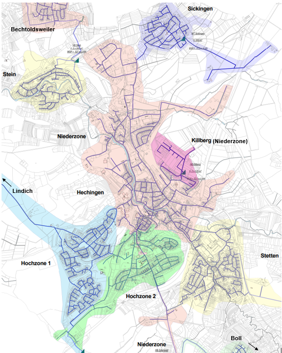 Eine Karte von Hechingen mit Teilorten, welche die verschiedenen Versorgungszonen der Wasserversorgung zeigt.